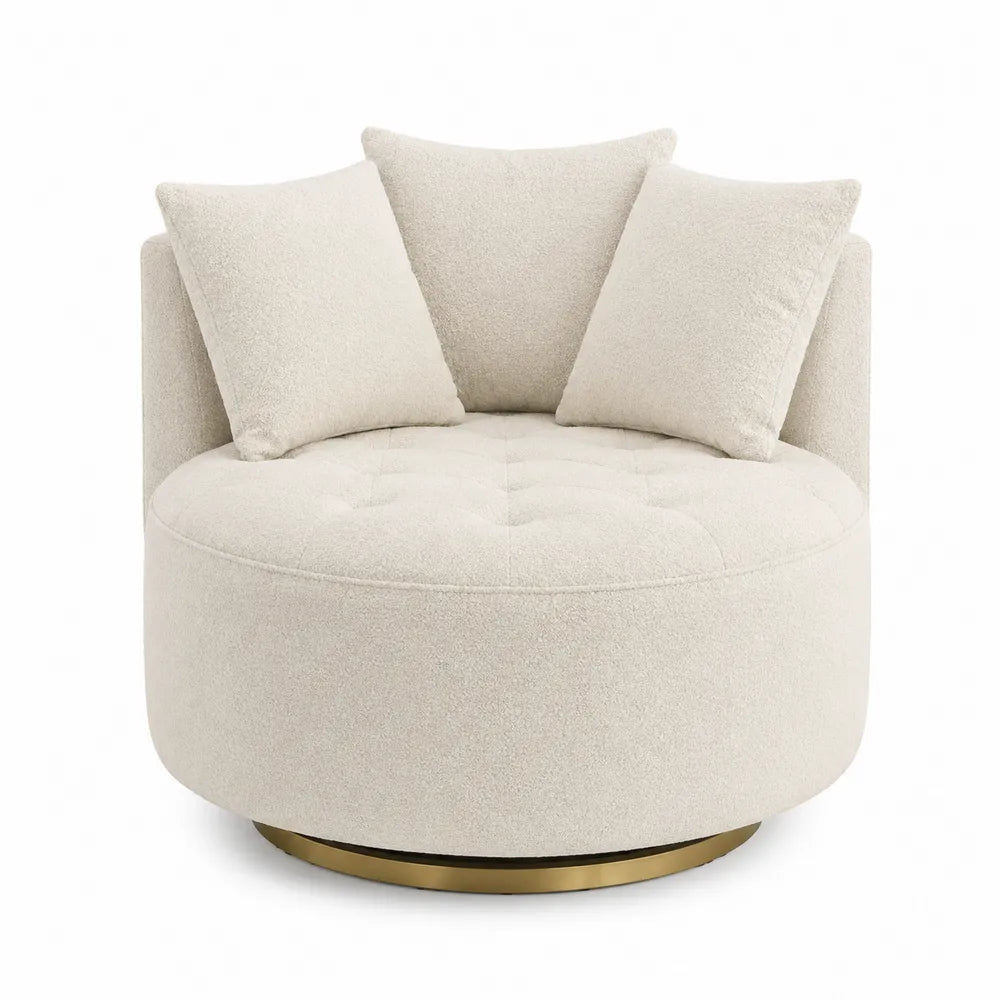 Poltrona girevole rotonda con rivestimento in tessuto bouclé beige chiaro base in acciaio oro e 3 cuscini 90x90x70 cm