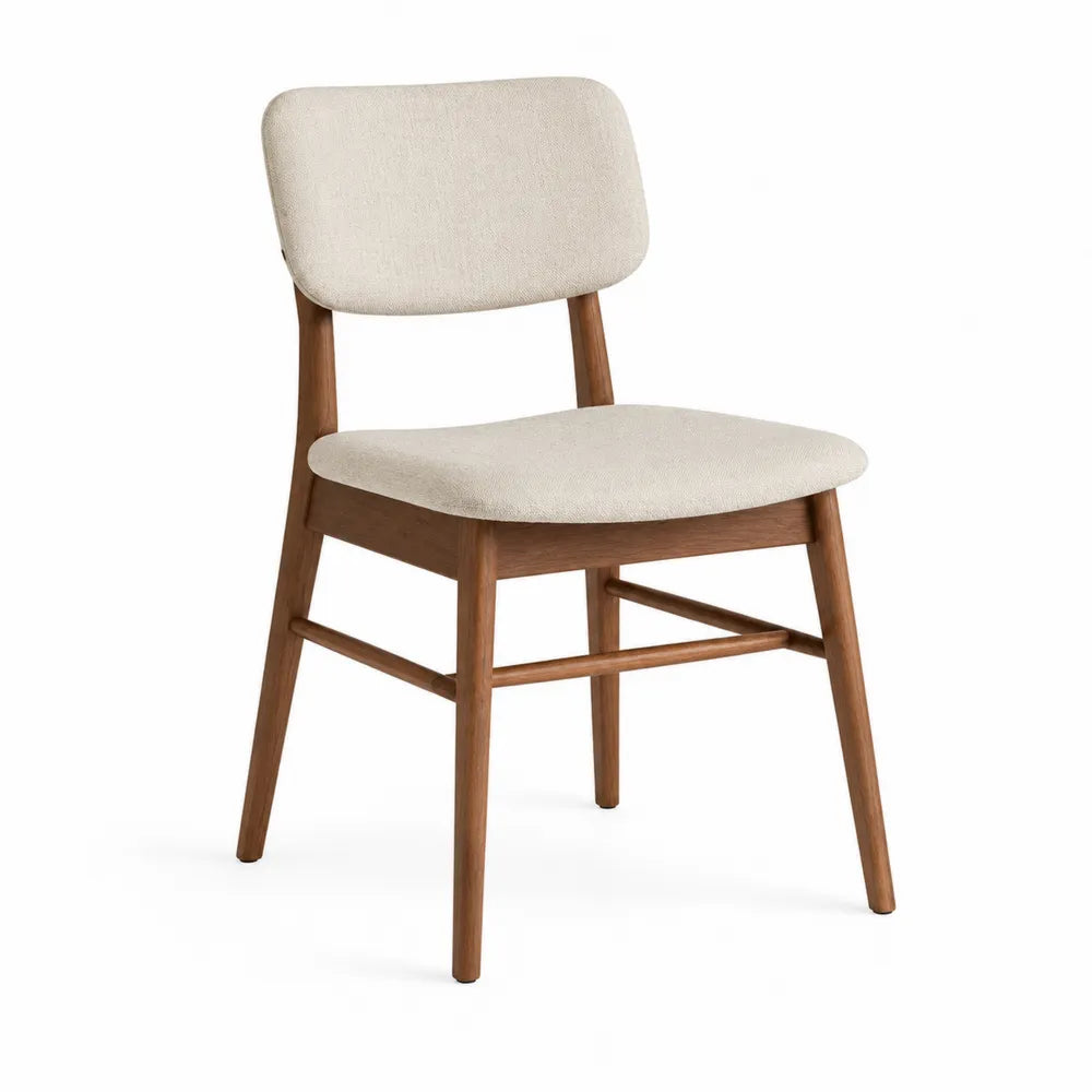 Sedia da pranzo imbottita in tessuto poliestere beige con struttura in legno massello colore noce 45x52x85 cm