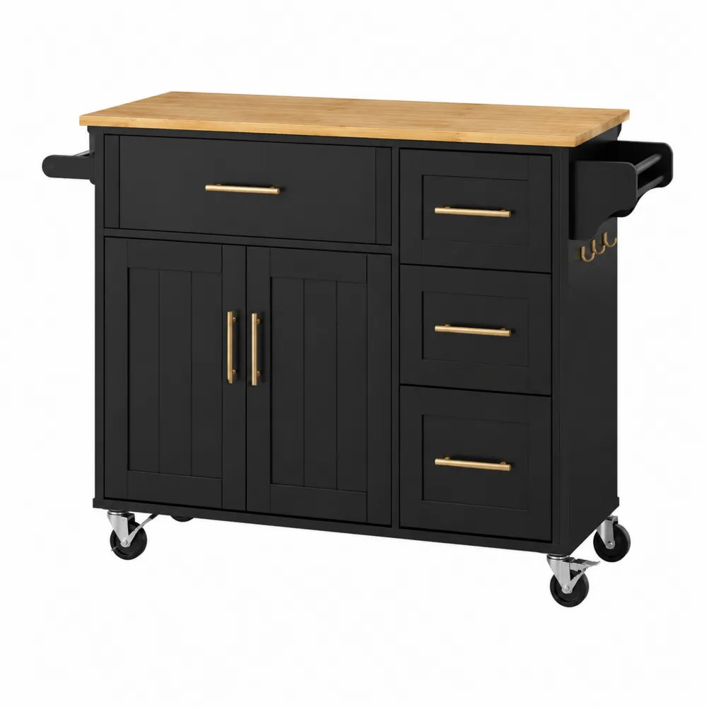 Carrello isola cucina in MDF nero con piano in bambù naturale e ruote con cassetti e armadio 100x50x90 cm colore nero e legno naturale
