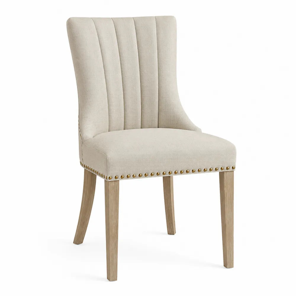 Sedia da pranzo imbottita in tessuto poliestere beige con schienale a canali verticali e gambe in legno massello naturale 45x58x90 cm