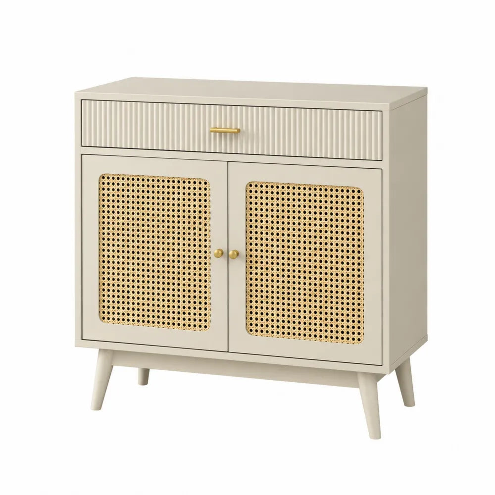 Credenza buffet con 2 ante in rattan intrecciato e 1 cassetto scanalato in MDF beige 120x40x85 cm