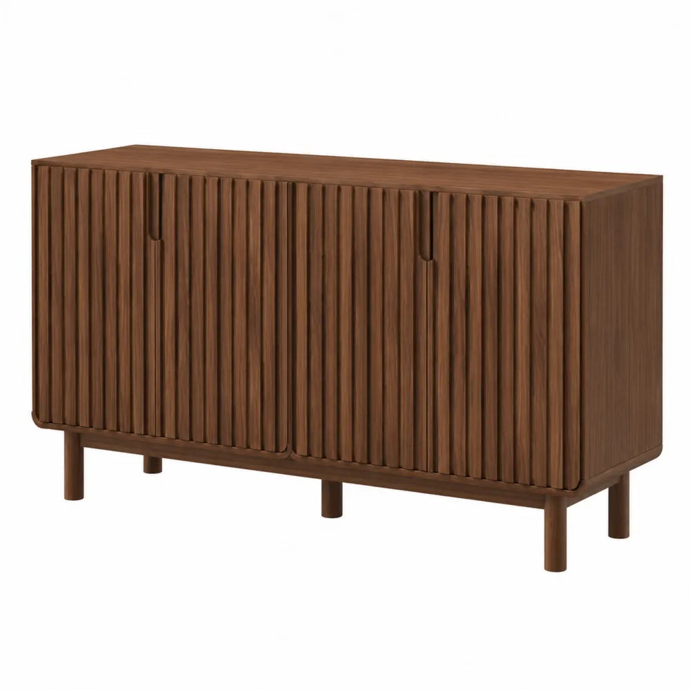 Credenza buffet in MDF effetto noce con ante scanalate e struttura in legno marrone 150x40x80 cm