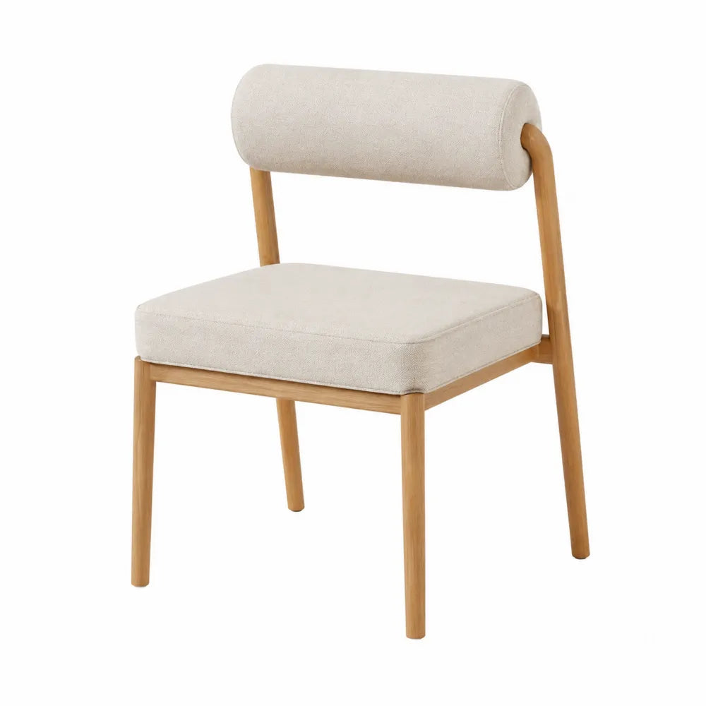 Sedia da pranzo imbottita in tessuto poliestere beige con schienale cilindrico e struttura in legno massello naturale 45x52x85 cm