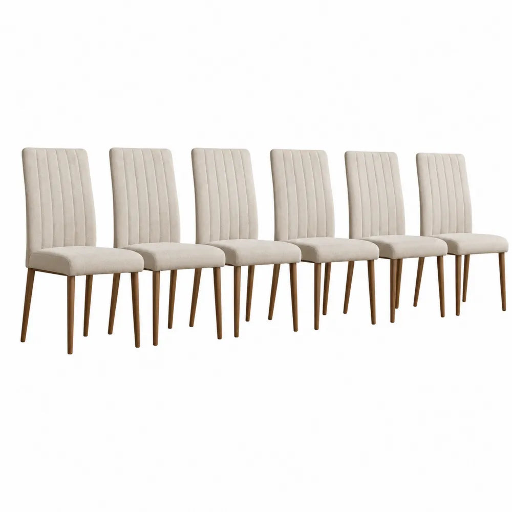 Set 6 sedie da pranzo imbottite in tessuto poliestere beige con schienale a canali verticali e gambe in legno massello colore noce 45x52x85 cm