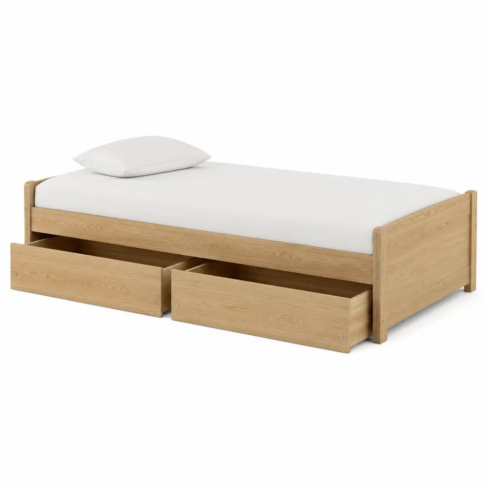 Letto singolo contenitore rettangolare con 2 cassetti in truciolare effetto rovere naturale per materasso 90 x 200 cm
