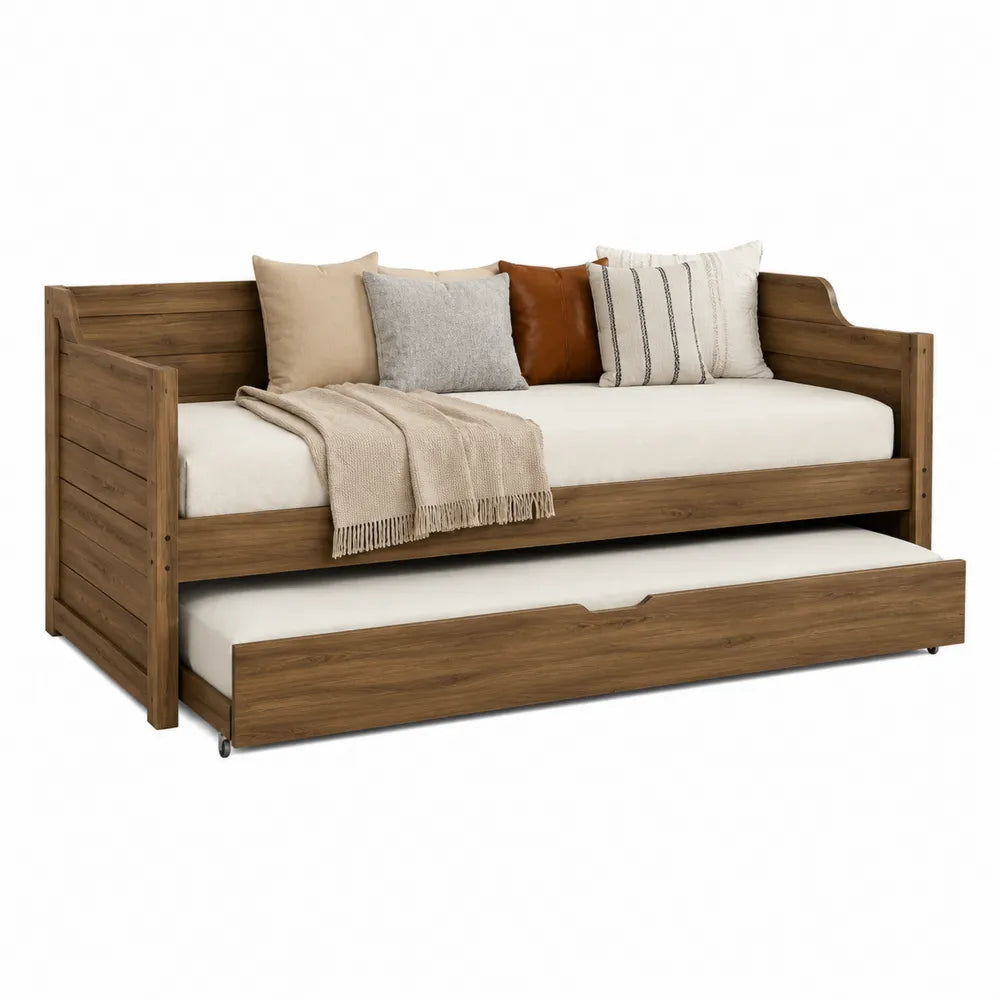 Letto singolo rettangolare con letto estraibile in MDF e truciolare effetto rovere naturale 203x98x83 cm