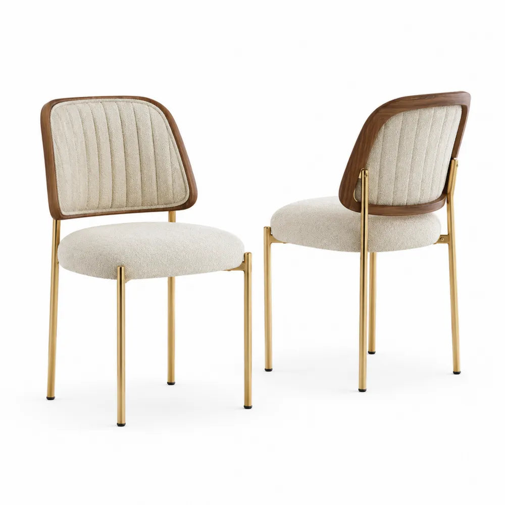 Set 2 sedie da pranzo imbottite in tessuto bouclé beige con schienale in compensato effetto noce e gambe in acciaio finitura oro 45x52x78 cm