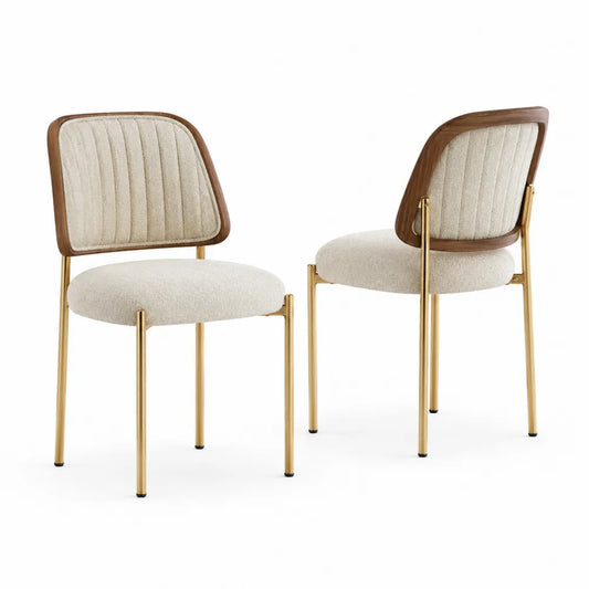 Set 2 sedie da pranzo imbottite in tessuto bouclé beige con schienale in compensato effetto noce e gambe in acciaio finitura oro 45x52x78 cm