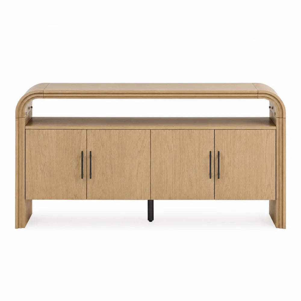 Credenza buffet in MDF effetto rovere chiaro con struttura curva e ante 160x40x80 cm colore rovere chiaro e nero