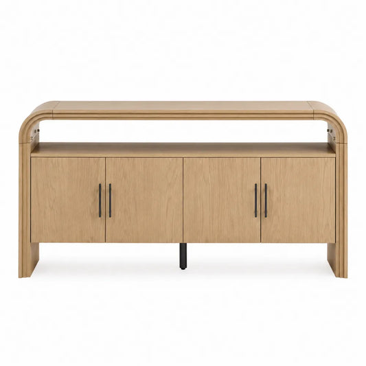 Credenza buffet in MDF effetto rovere chiaro con struttura curva e ante 160x40x80 cm colore rovere chiaro e nero