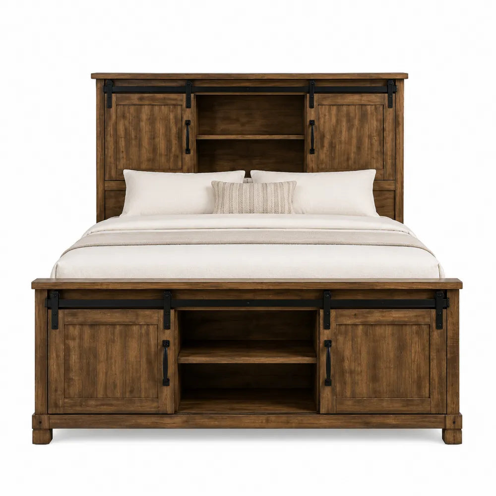Letto matrimoniale contenitore rettangolare con testiera e pediera con vani in MDF effetto legno marrone e metallo nero per materasso 160 x 200 cm