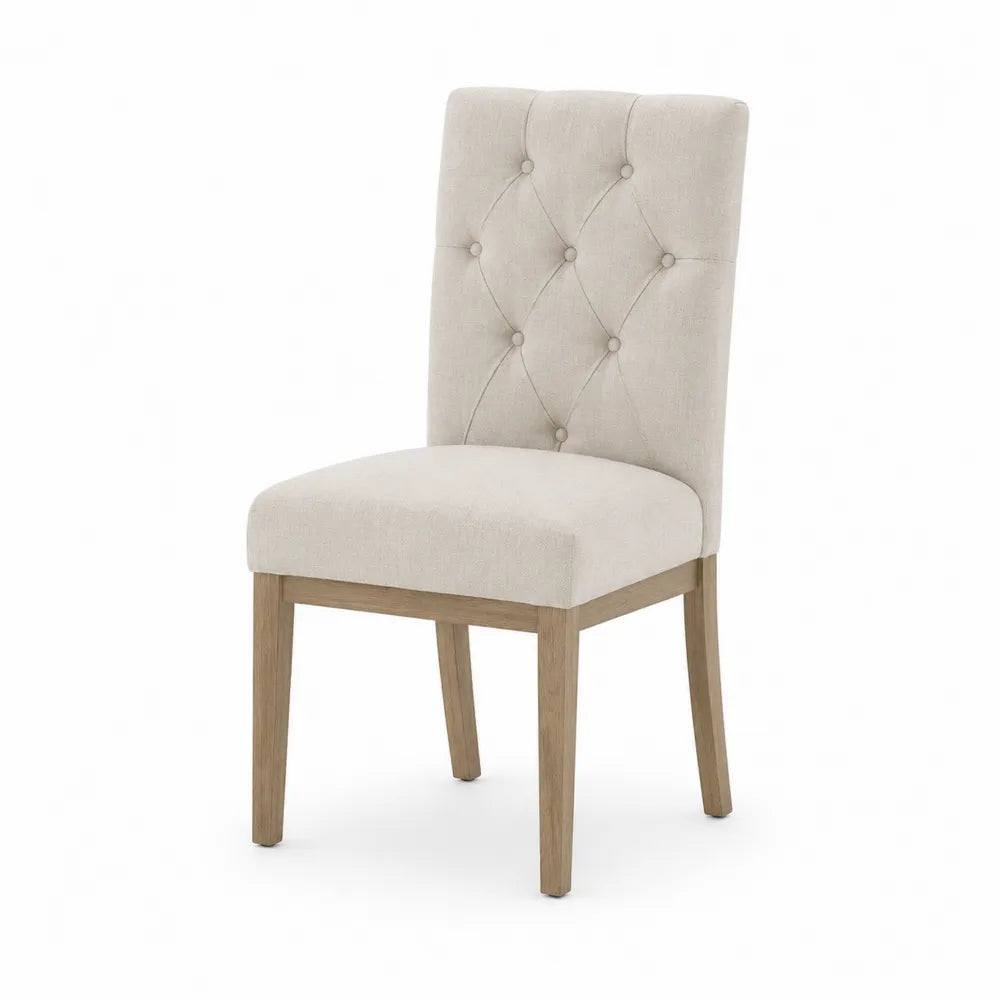 Sedia da pranzo imbottita in tessuto poliestere beige con schienale trapuntato e gambe in legno massello naturale 46x56x88 cm
