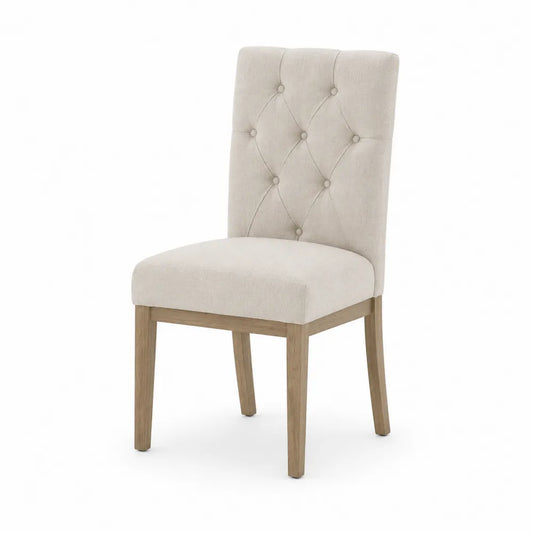 Sedia da pranzo imbottita in tessuto poliestere beige con schienale trapuntato e gambe in legno massello naturale 46x56x88 cm
