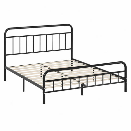 Struttura letto matrimoniale in metallo nero con doghe in legno naturale stile minimal con testiera e pediera