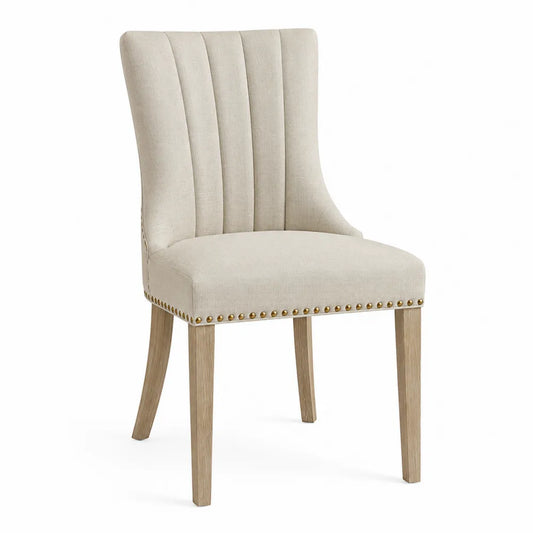 Sedia da pranzo imbottita in tessuto poliestere beige con schienale a canali verticali e gambe in legno massello naturale 45x58x90 cm