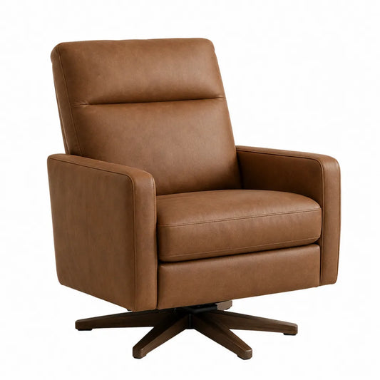 Poltrona girevole imbottita in pelle PU marrone con base a stella in legno scuro 80x85x95 cm