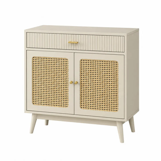 Credenza buffet con 2 ante in rattan intrecciato e 1 cassetto scanalato in MDF beige 120x40x85 cm