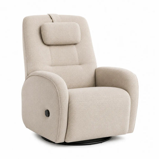 Poltrona relax reclinabile girevole con poggiatesta imbottito tessuto beige base in metallo nero dimensioni 80 x 90 x 100 cm