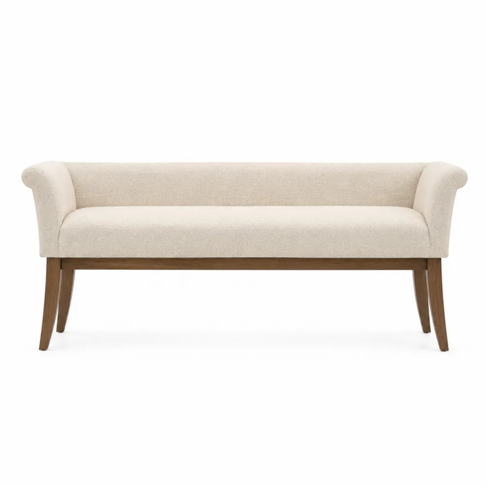 Panca imbottita da soggiorno in tessuto bouclé beige con struttura e gambe in legno di faggio 140 x 50 x 75 cm