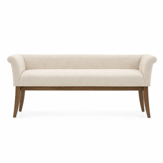 Panca imbottita da soggiorno in tessuto bouclé beige con struttura e gambe in legno di faggio 140 x 50 x 75 cm