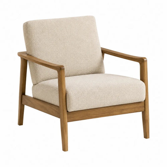 Poltrona imbottita con braccioli in legno massello e rivestimento in tessuto beige 75x80x85 cm