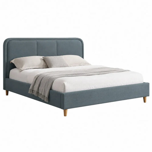 Letto matrimoniale 160x200 cm con testiera imbottita in tessuto azzurro grigio struttura in legno con piedini in legno naturale