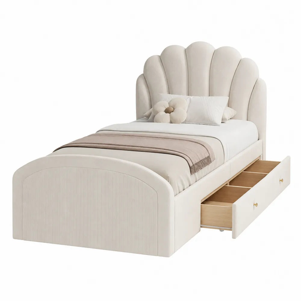 Letto singolo rettangolare con testiera imbottita a conchiglia e cassetti laterali in MDF beige per materasso 90 x 200 cm