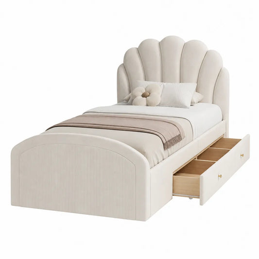 Letto singolo rettangolare con testiera imbottita a conchiglia e cassetti laterali in MDF beige per materasso 90 x 200 cm
