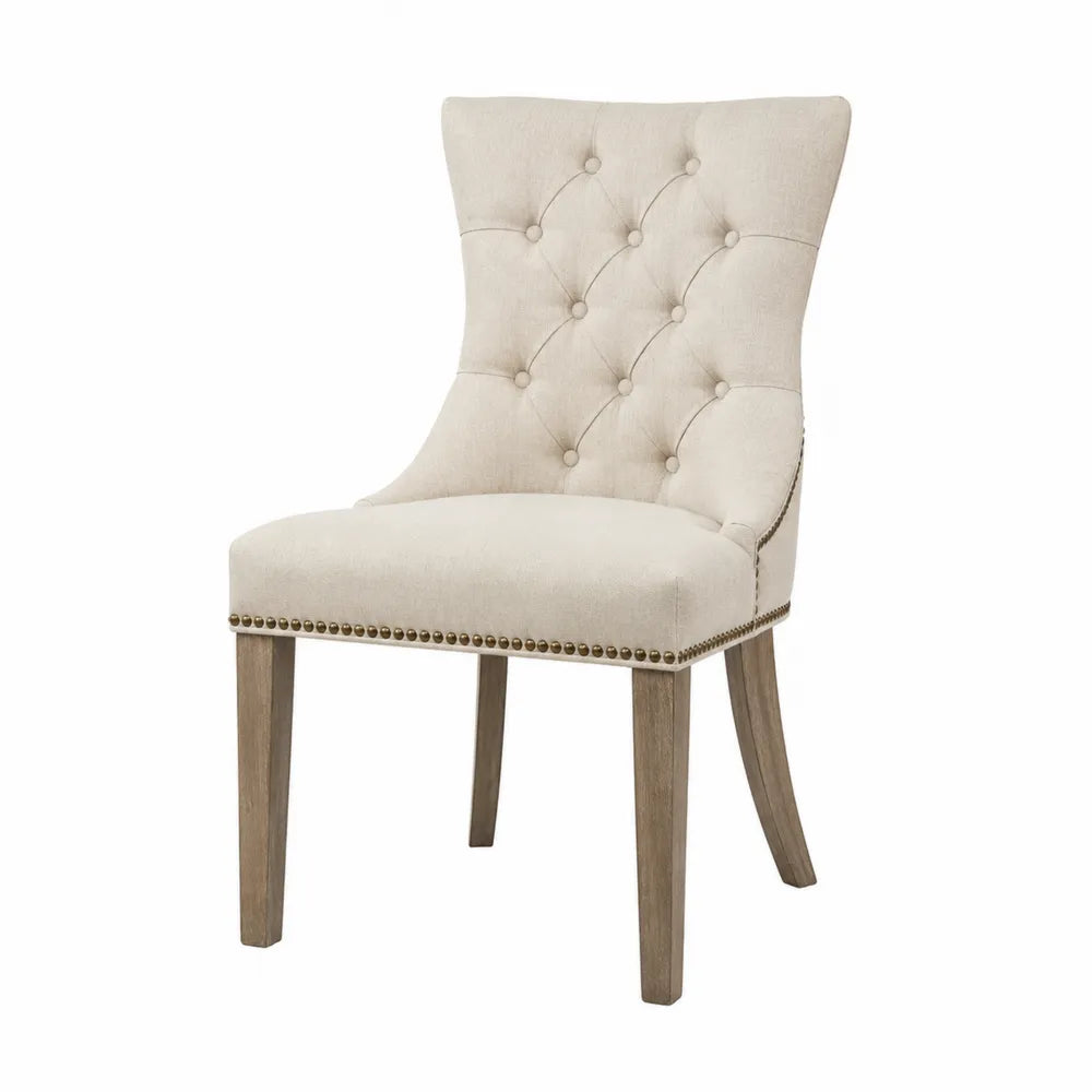 Sedia da pranzo imbottita con schienale trapuntato e borchie in tessuto poliestere beige e legno massiccio 50x58x90 cm