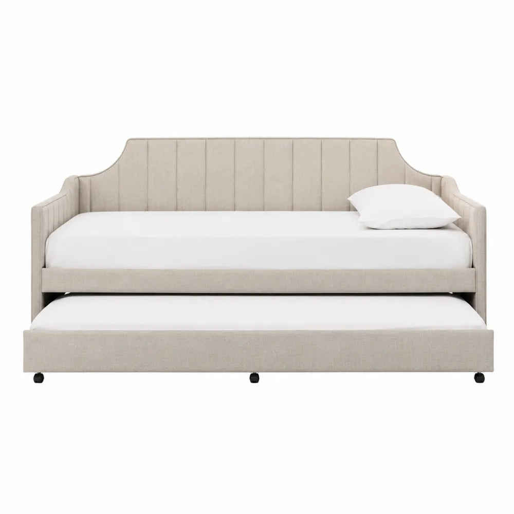 Letto singolo con letto estraibile e rete a doghe in tessuto poliestere beige struttura in legno di pino e MDF 90x200 cm