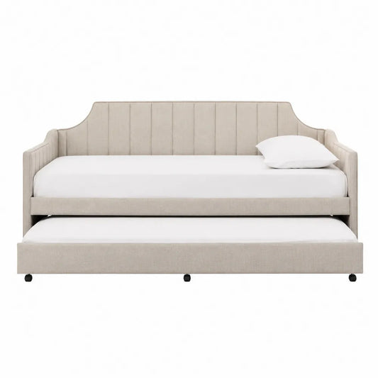 Letto singolo con letto estraibile e rete a doghe in tessuto poliestere beige struttura in legno di pino e MDF 90x200 cm