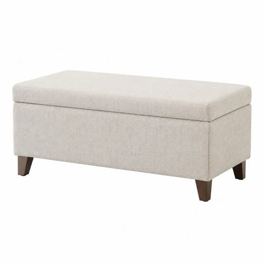 Panca contenitore rettangolare imbottita in tessuto poliestere beige chiaro con gambe in legno marrone scuro 110 x 40 x 45 cm