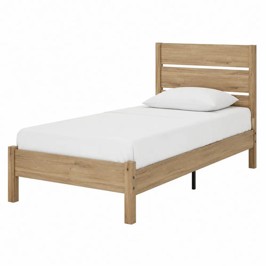 Letto singolo rettangolare in legno massello di pino effetto rovere chiaro con testiera a doghe per materasso 90 x 200 cm
