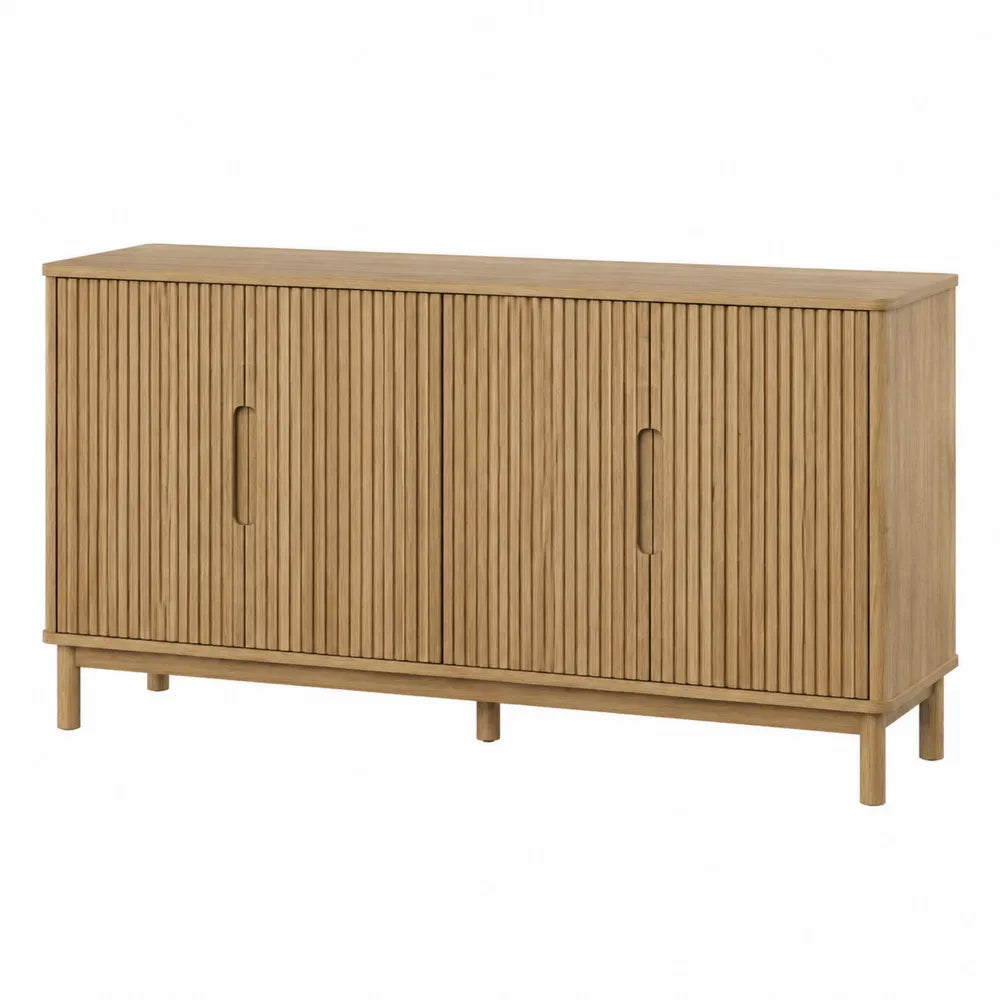 Credenza buffet con 4 ante a doghe verticali in MDF impiallacciato rovere naturale 140x40x80 cm