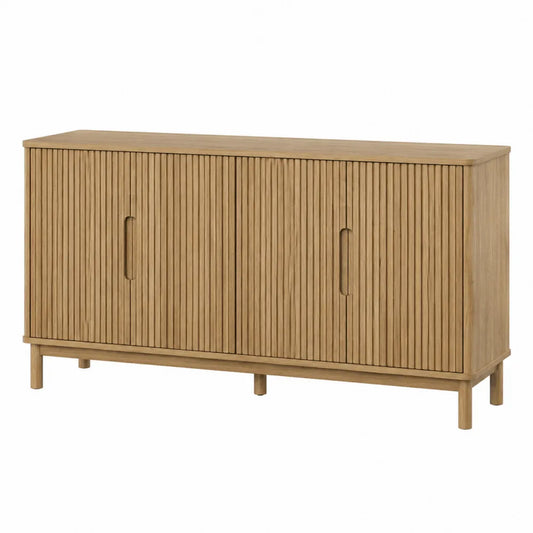 Credenza buffet con 4 ante a doghe verticali in MDF impiallacciato rovere naturale 140x40x80 cm