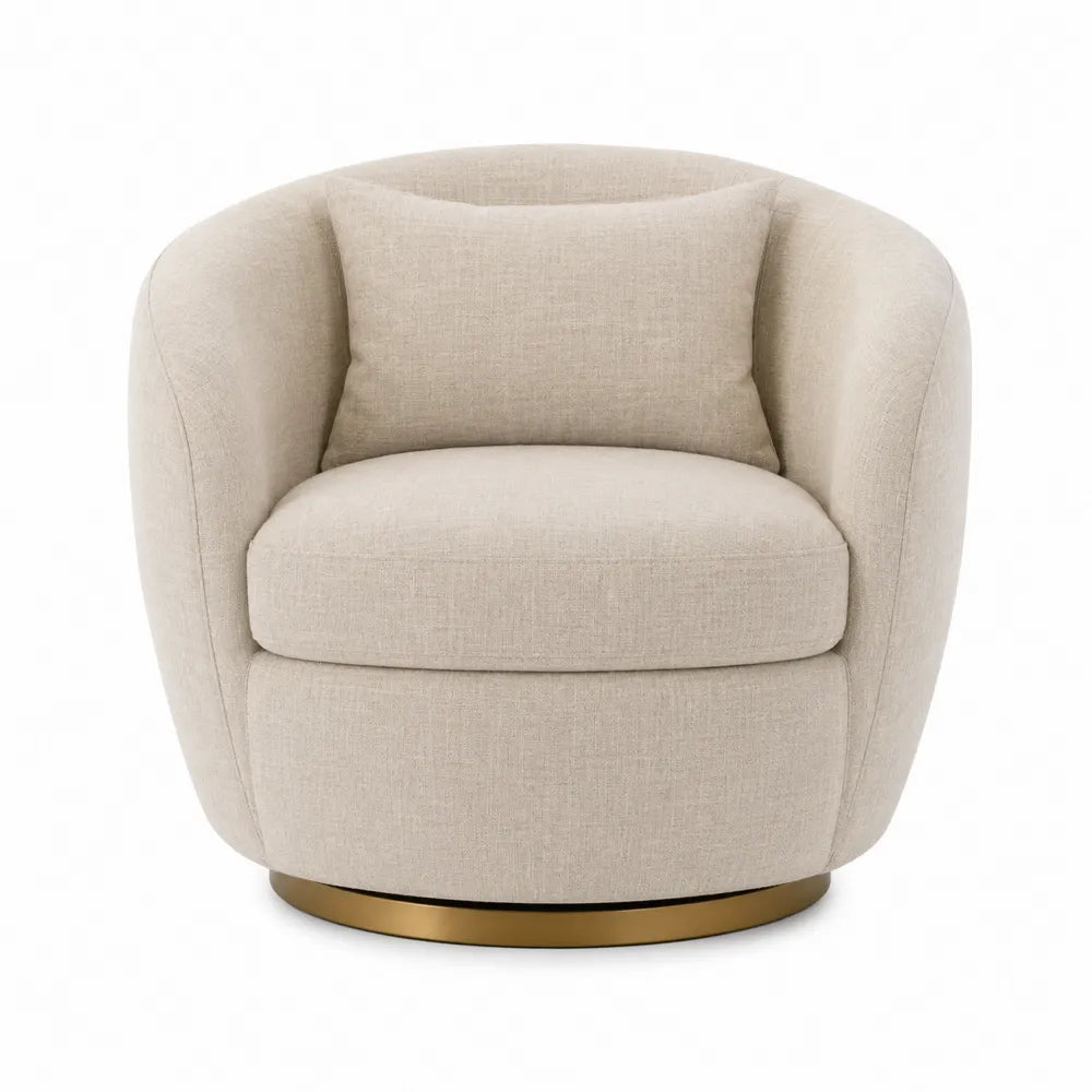 Poltrona girevole imbottita rivestimento tessuto bouclé beige base disco in metallo dorato dimensioni 75 x 80 x 80 cm