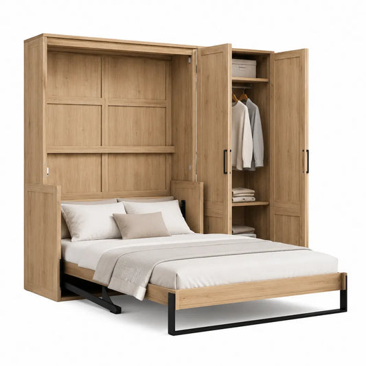 Letto matrimoniale a scomparsa con armadio laterale in truciolare effetto rovere naturale e metallo nero per materasso 160 x 200 cm