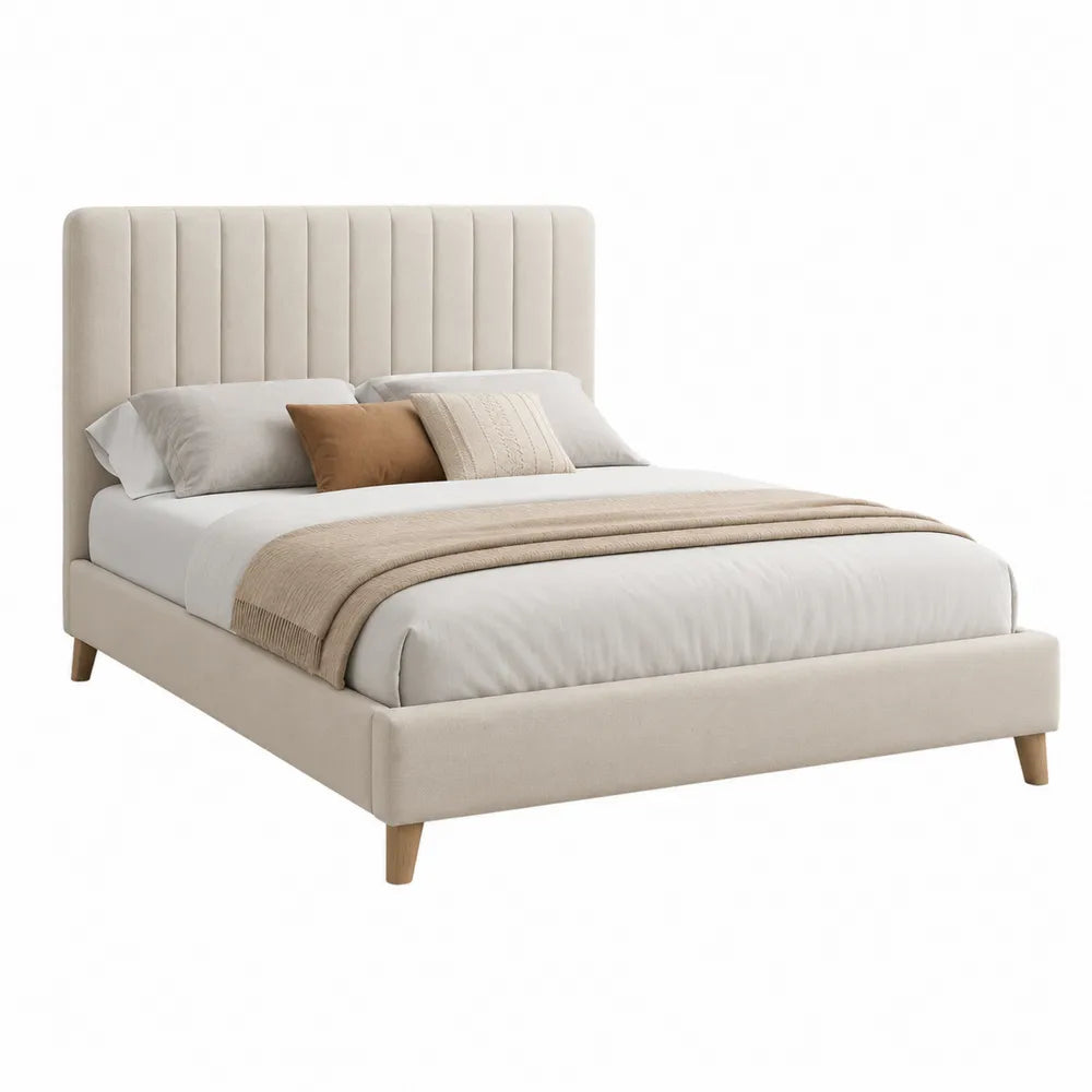 Letto matrimoniale imbottito rettangolare in tessuto beige con testiera a pannelli verticali e piedini in legno naturale per materasso 160 x 200 cm