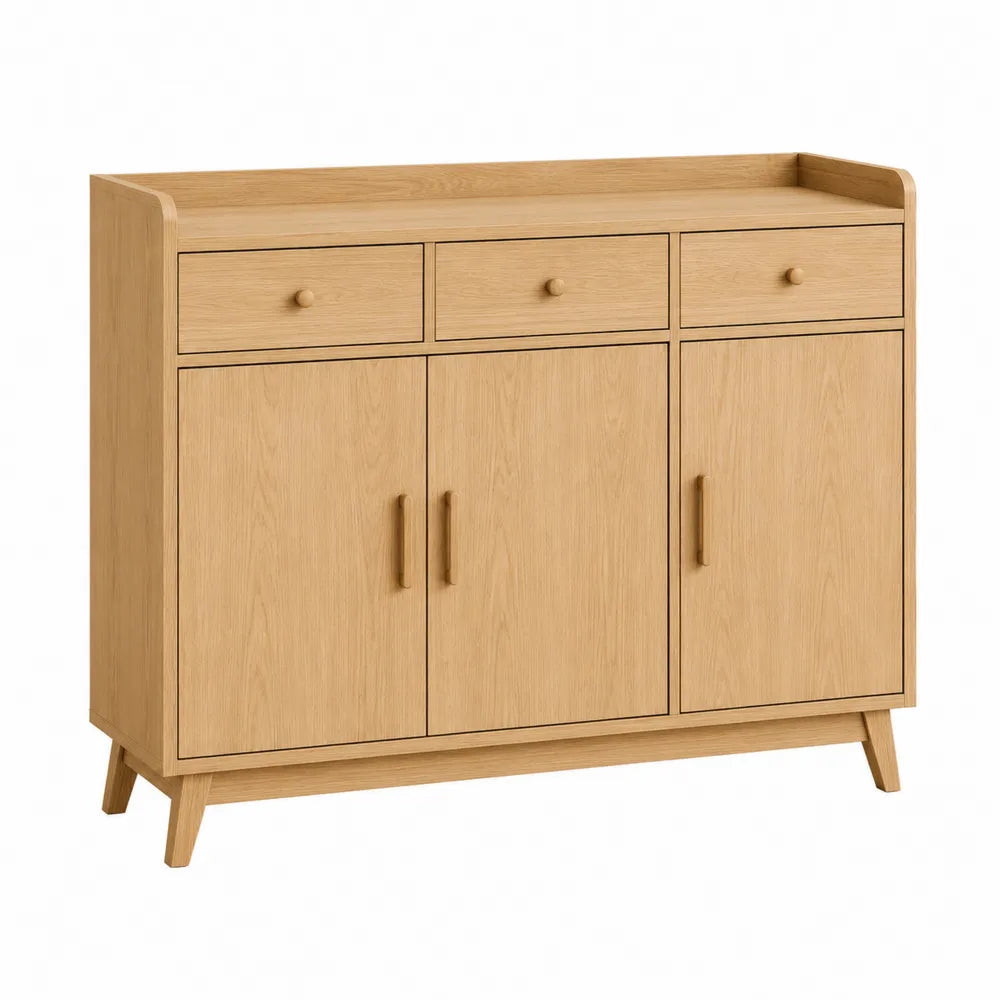 Credenza buffet in MDF effetto rovere naturale con 3 cassetti 2 ante e gambe in legno 120x40x80 cm