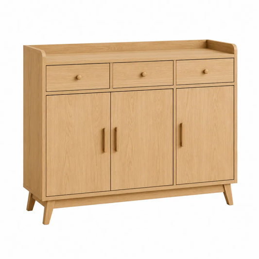 Credenza buffet in MDF effetto rovere naturale con 3 cassetti 2 ante e gambe in legno 120x40x80 cm