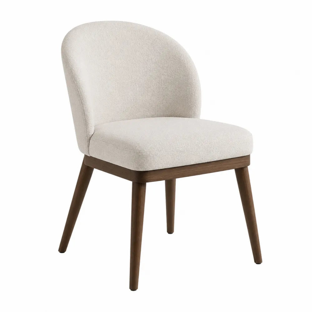 Sedia da pranzo imbottita in tessuto poliestere beige con schienale curvo e gambe in legno massello colore noce 45x55x85 cm