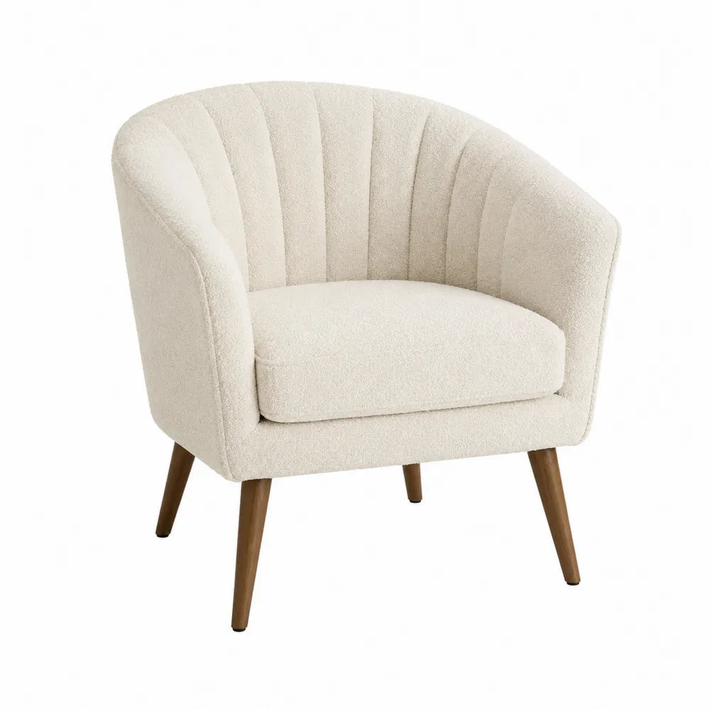 Poltrona imbottita in tessuto bouclé beige con gambe in legno dimensioni 70 x 70 x 72 cm