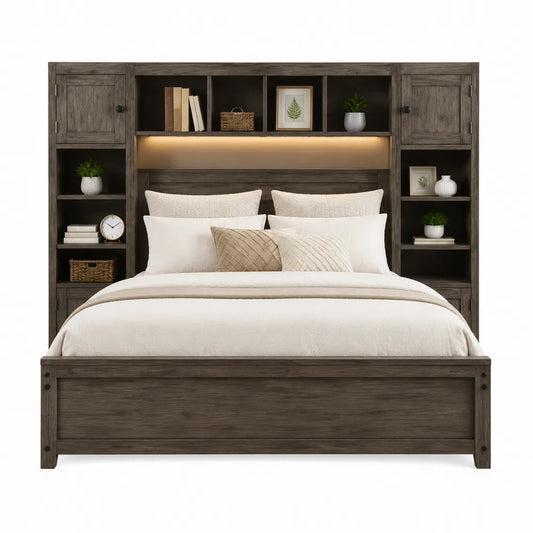 Letto matrimoniale rettangolare con libreria armadi e luce LED in truciolare effetto rovere grigio scuro per materasso 160 x 200 cm