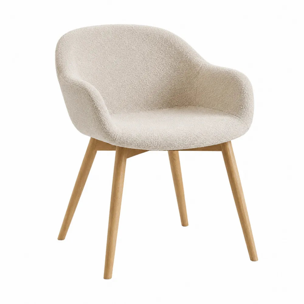 Sedia da pranzo con braccioli in tessuto bouclé struttura in legno di faggio massello colore beige dimensioni 58x56x78 cm