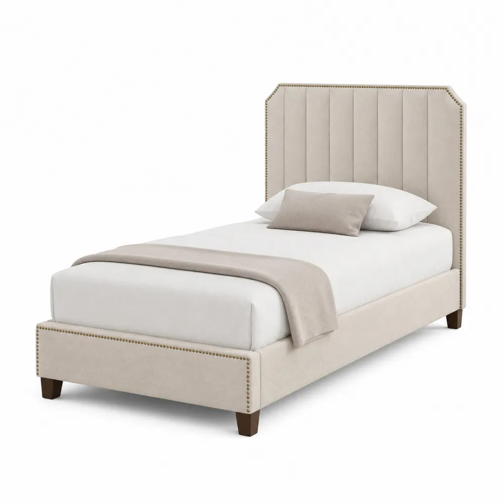 Letto singolo imbottito rettangolare in tessuto beige con struttura in MDF e pino testiera sagomata per materasso 90 x 200 cm