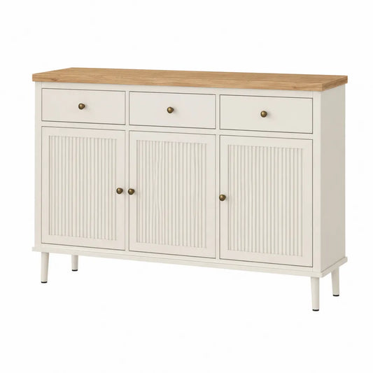 Credenza buffet con 3 cassetti e 3 ante scanalate in MDF beige con piano effetto rovere chiaro 140x40x85 cm