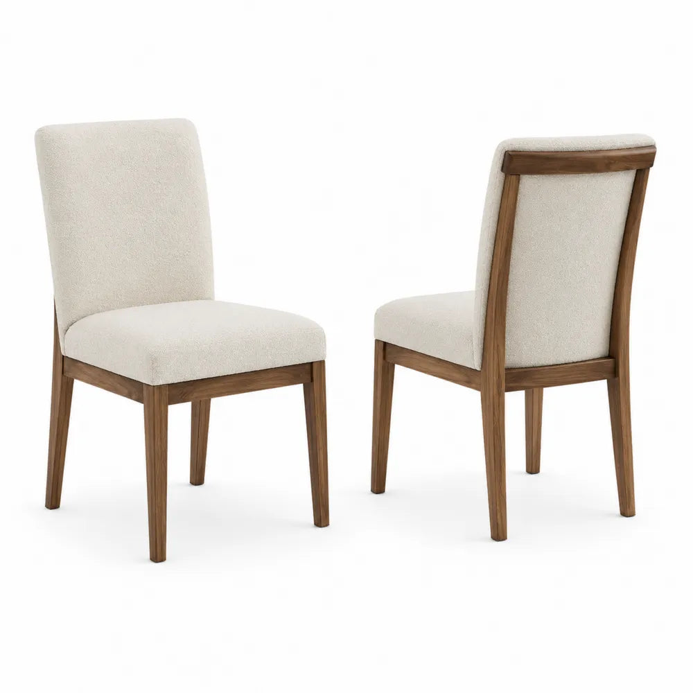 Set 2 sedie da pranzo imbottite con schienale curvo in tessuto bouclé beige e legno massiccio naturale 52x58x86 cm
